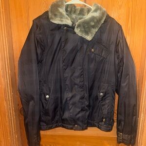 Black and Navy Moto Coat with Faux Fur Collar